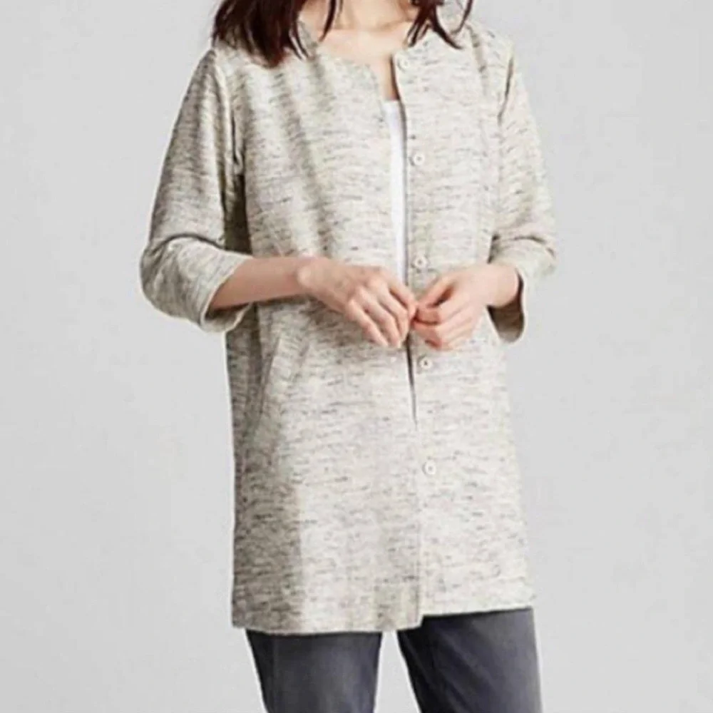 Eileen Fisher Ecru Long Knit Tweed Jacket Knit Black Cream Pockets Snap‎ XL - Picture 9 of 9